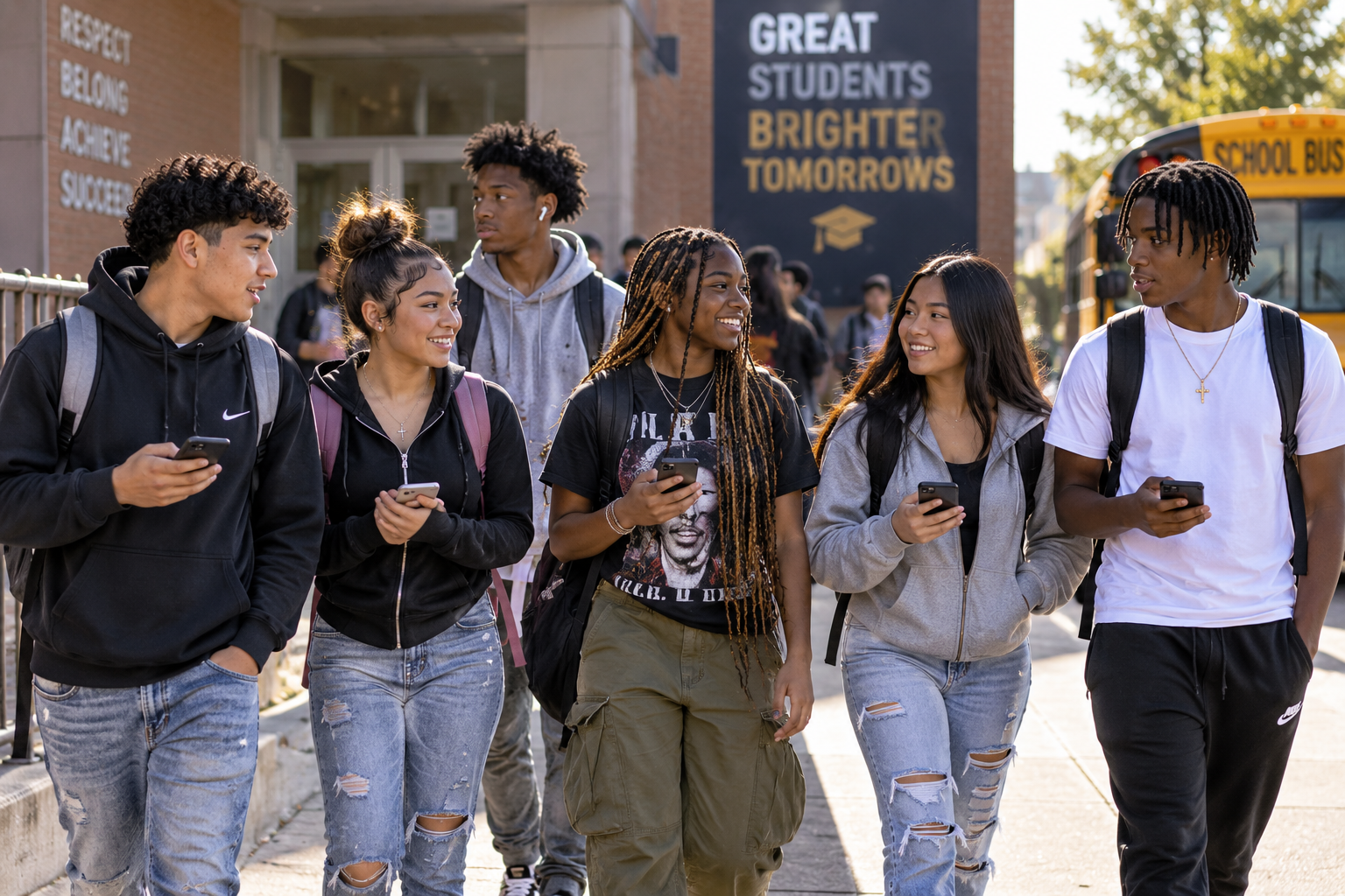 Diverse students walking together on a school campus with backpacks, looking toward their future