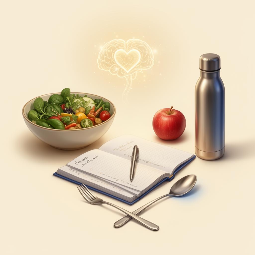 Wellness illustration with healthy meals, journal, apple, water bottle, and mindful eating elements