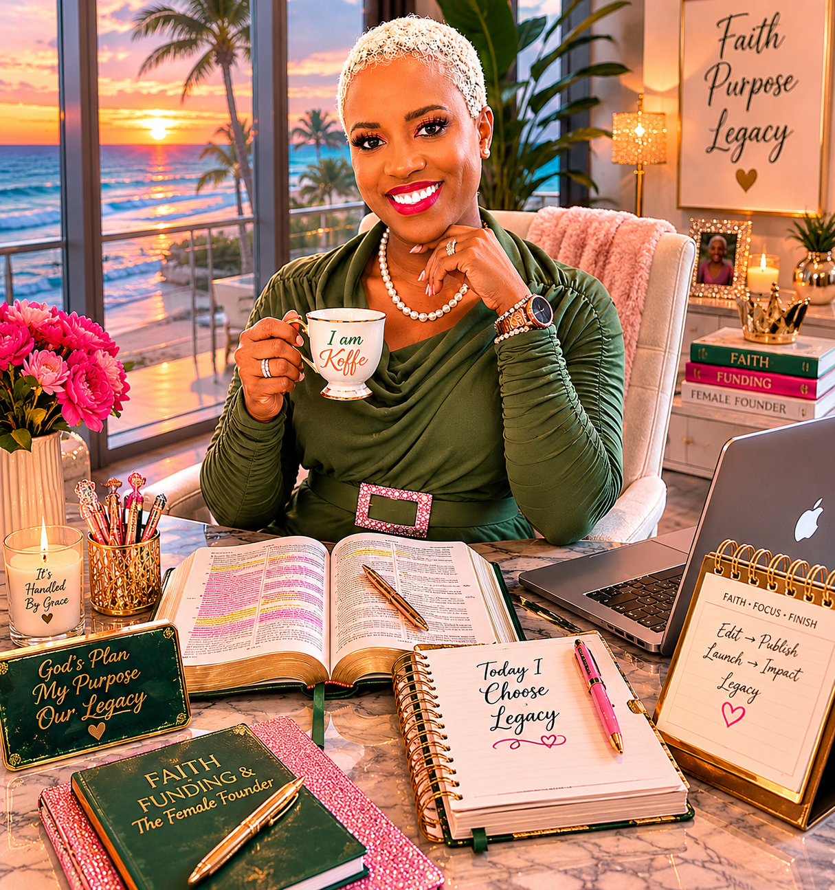 Morning coffee, journal, Bible, and planner in soft golden light